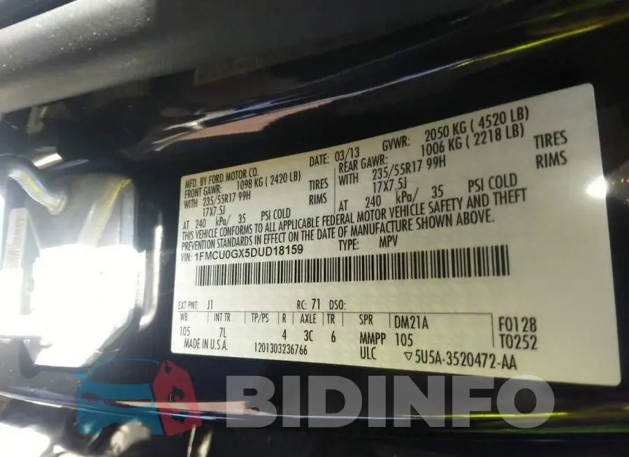 1FMCU0GX5DUD18159 Photo# 9