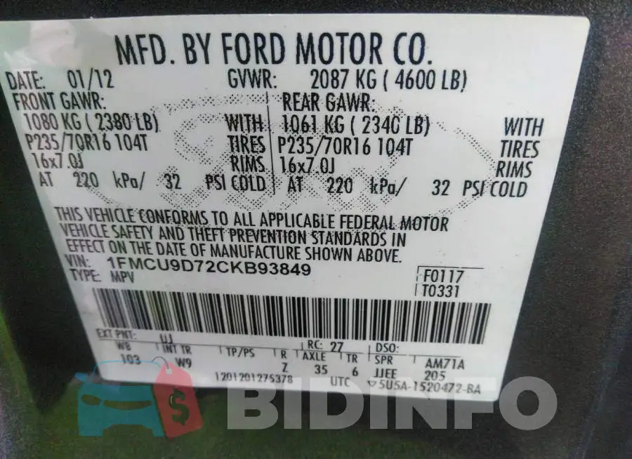 1FMCU9D72CKB93849 Photo# 9