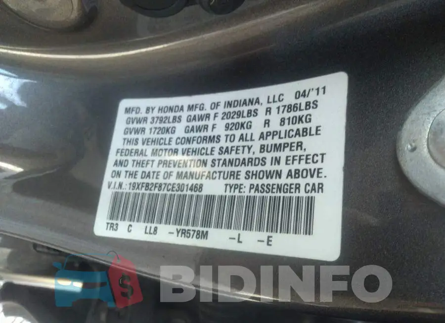 19XFB2F87CE301468 Photo# 9