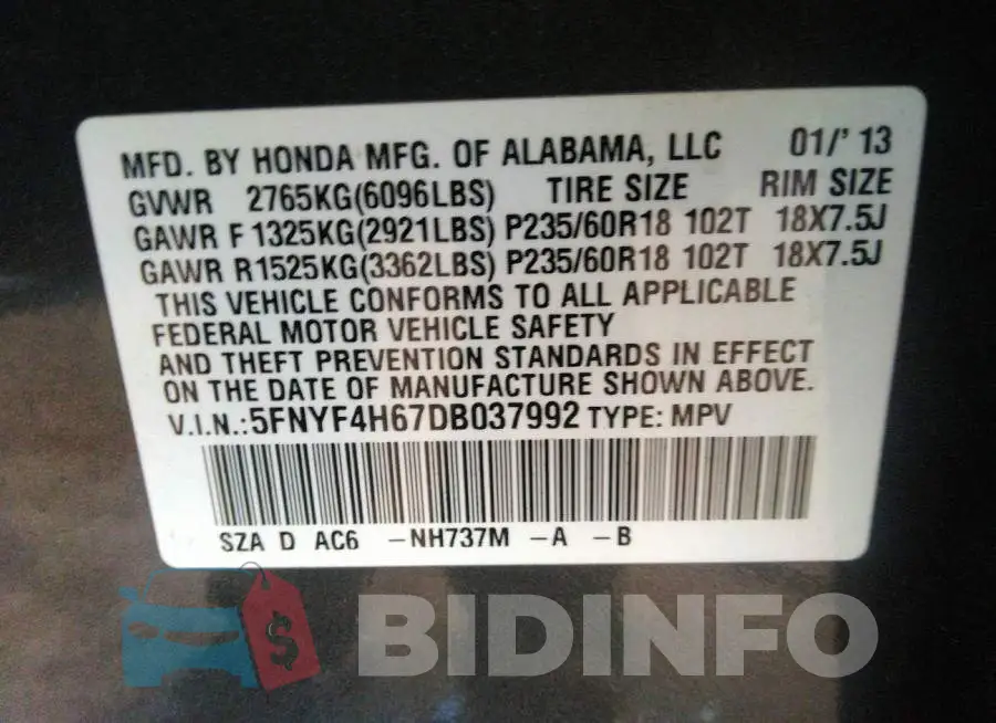 5FNYF4H67DB037992 Photo# 9