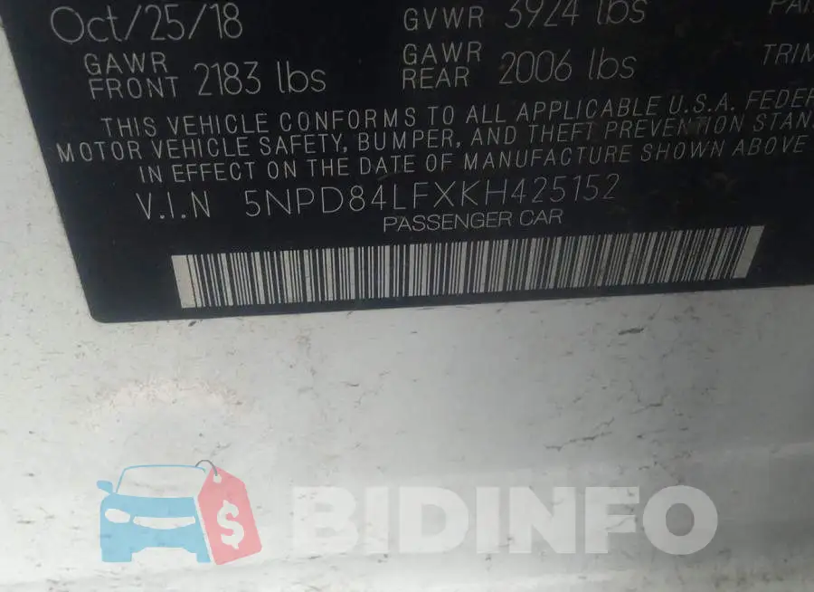 5NPD84LFXKH425152 Photo# 9