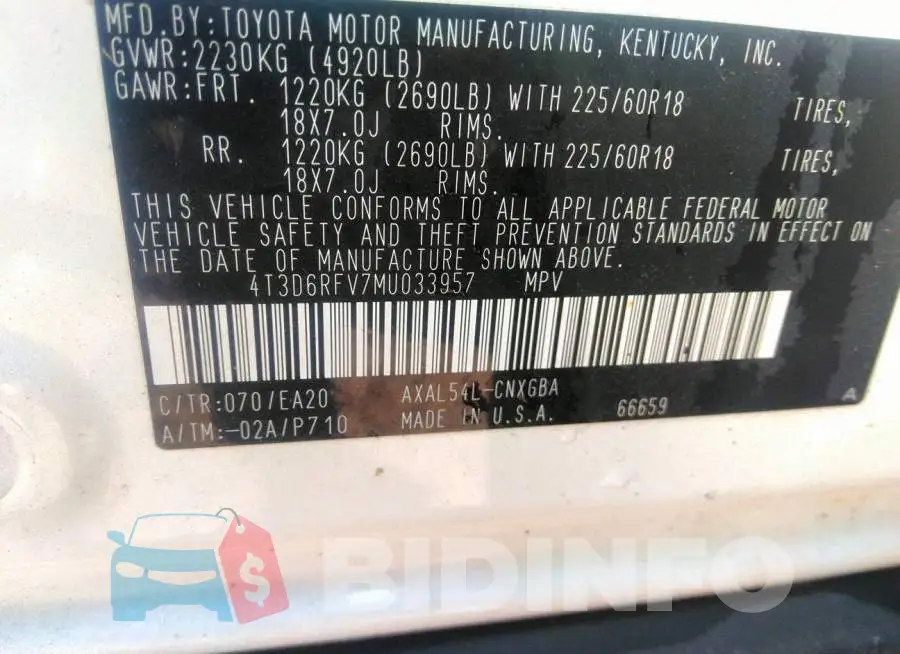 4T3D6RFV7MU033957 Photo# 9