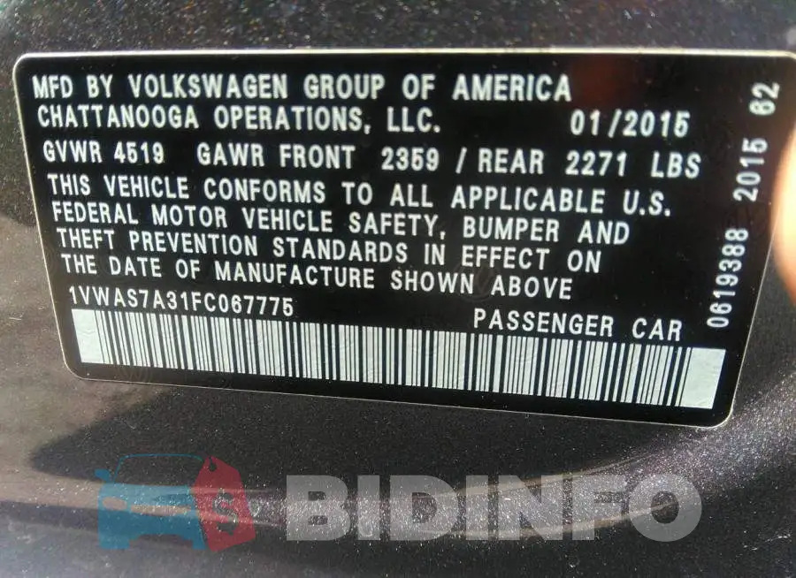 1VWAS7A31FC067775 Photo# 9