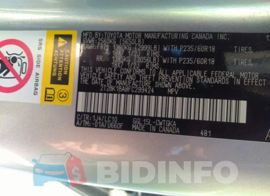 2T2BK1BA8FC299424 Photo# 9