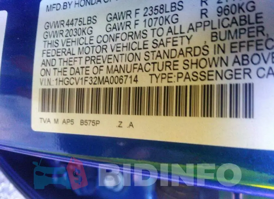 1HGCV1F32MA006714 Photo# 9