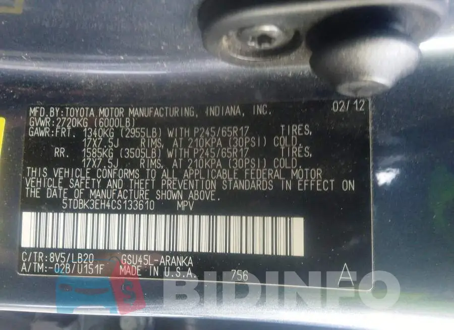 5TDBK3EH4CS133610 Photo# 9