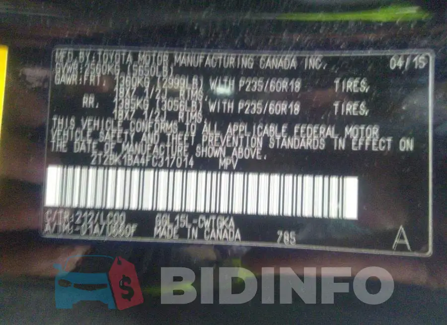2T2BK1BA4FC317014 Photo# 9