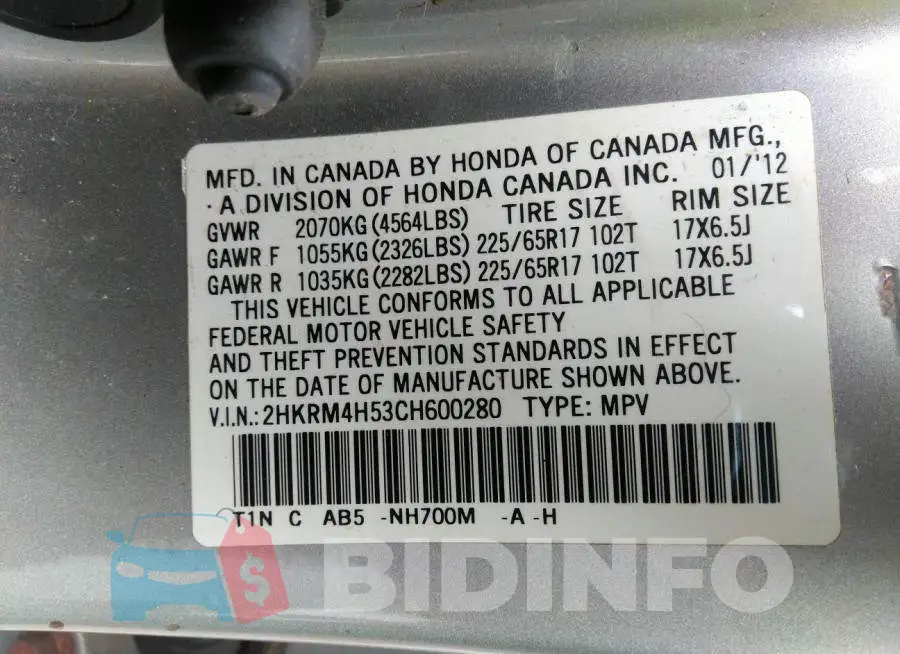 2HKRM4H53CH600280 Photo# 9