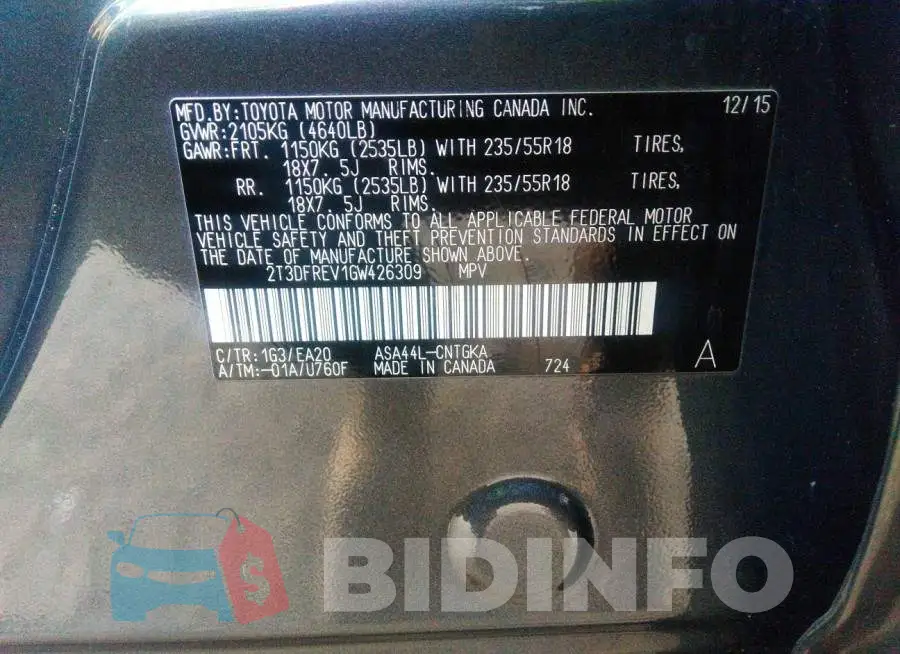 2T3DFREV1GW426309 Photo# 9