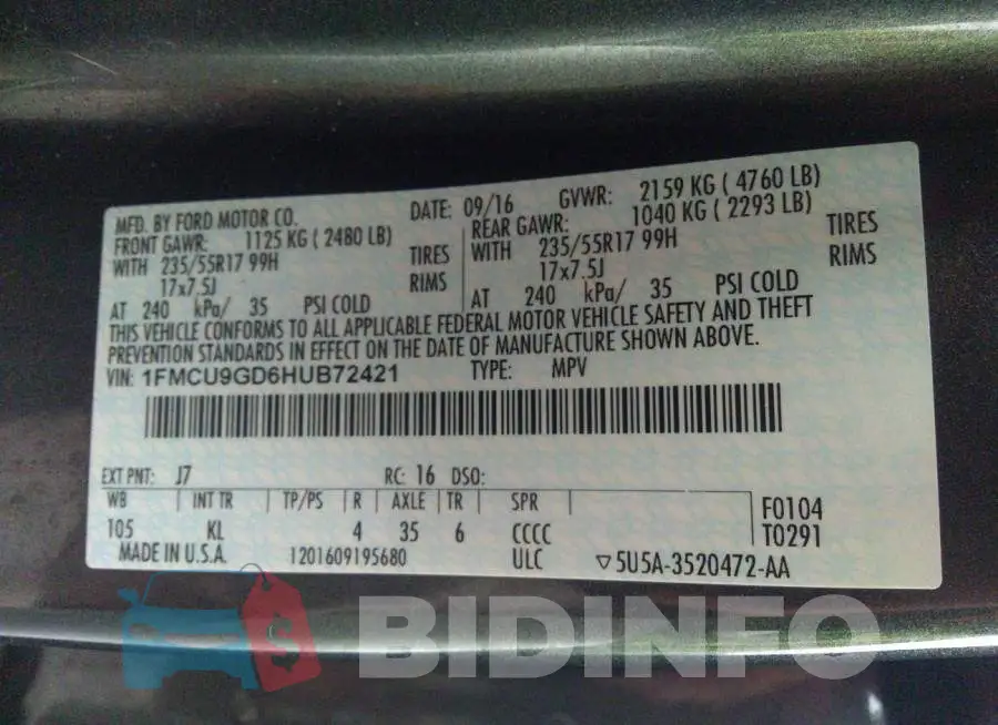 1FMCU9GD6HUB72421 Photo# 9