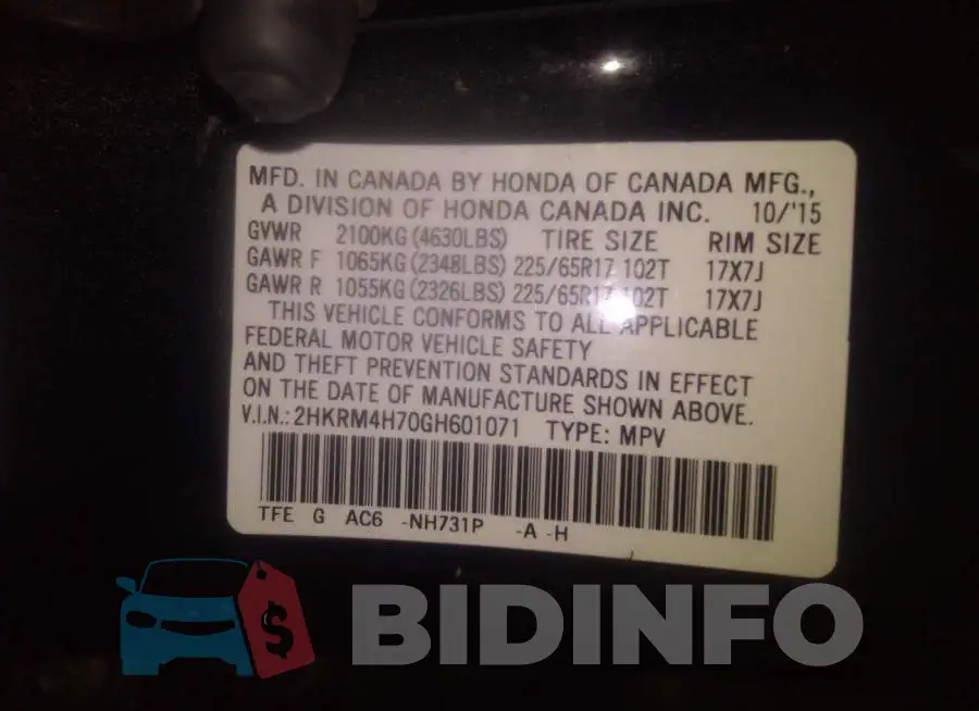 2HKRM4H70GH601071 Photo# 9