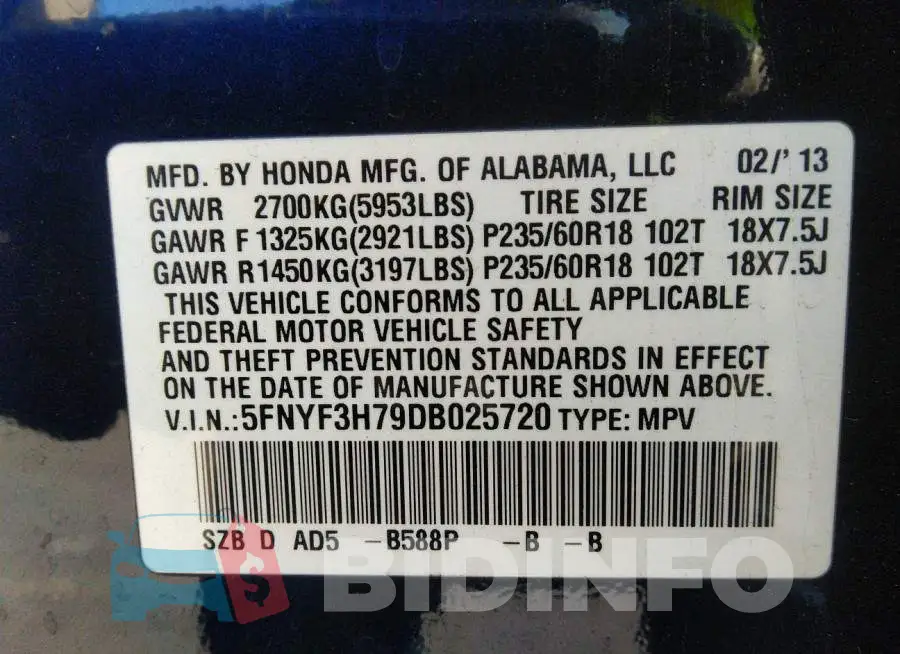 5FNYF3H79DB025720 Photo# 9