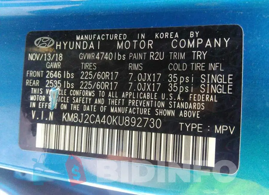 KM8J2CA40KU892730 Photo# 9