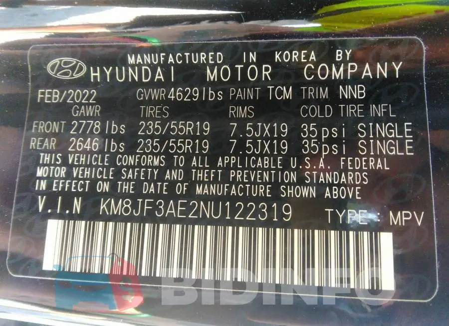 KM8JF3AE2NU122319 Photo# 9