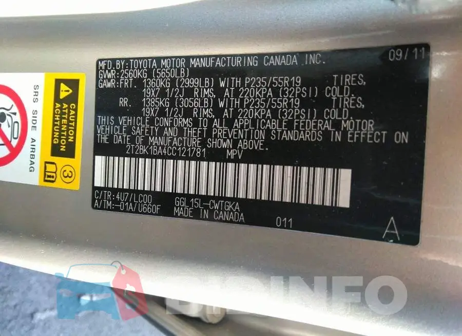 2T2BK1BA4CC121781 Photo# 9