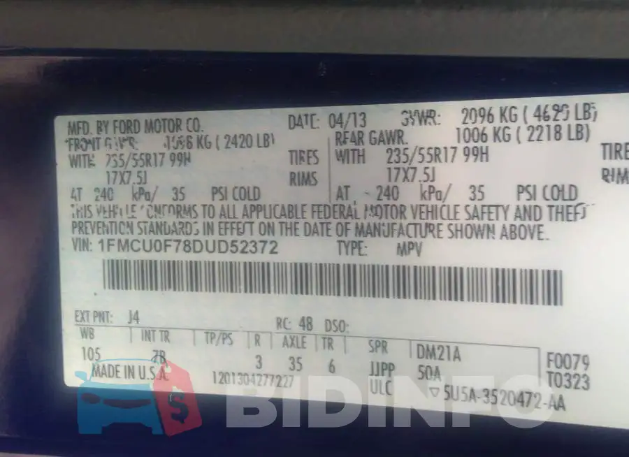 1FMCU0F78DUD52372 Photo# 9