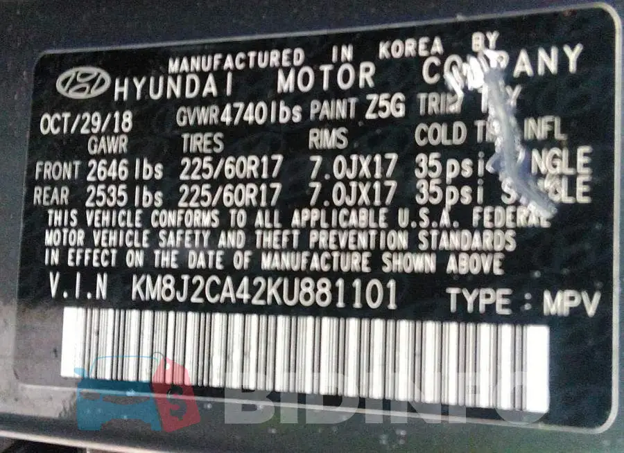 KM8J2CA42KU881101 Photo# 9