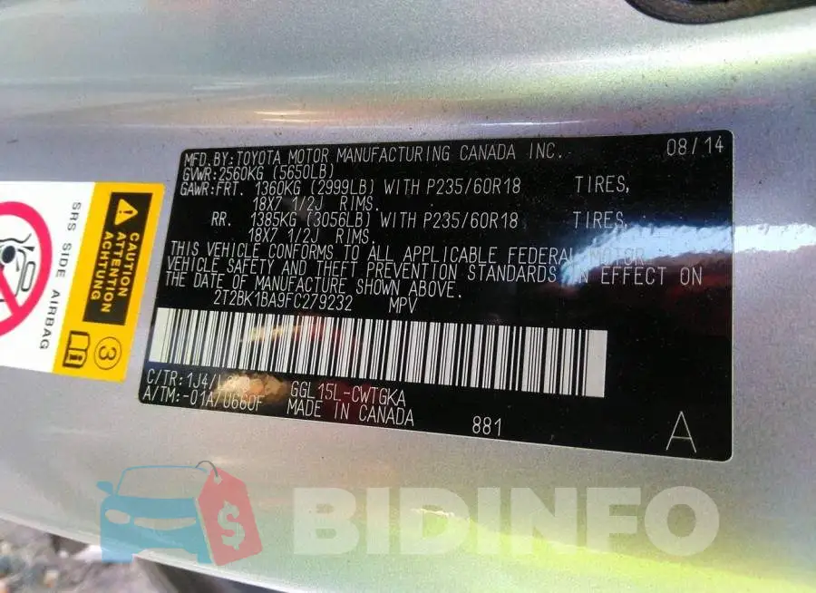 2T2BK1BA9FC279232 Photo# 9