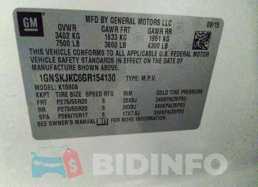 1GNSKJKC6GR154130 Photo# 9