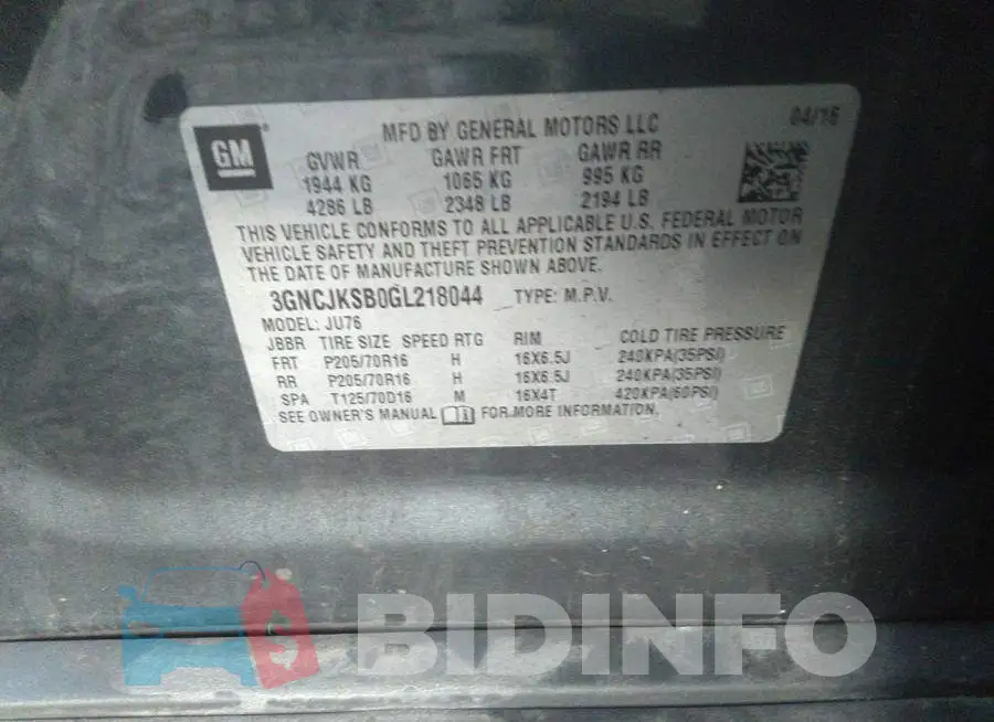 3GNCJKSB0GL218044 Photo# 9