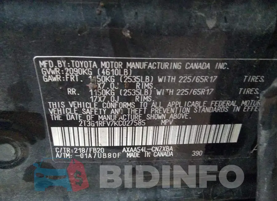 2T3G1RFV7KC027585 Photo# 9