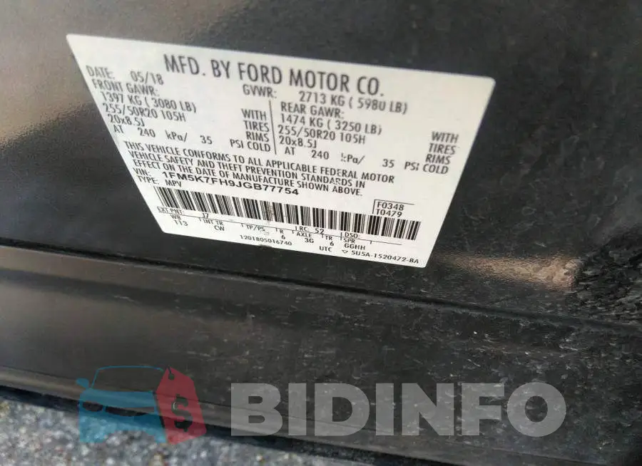 1FM5K7FH9JGB77754 Photo# 9
