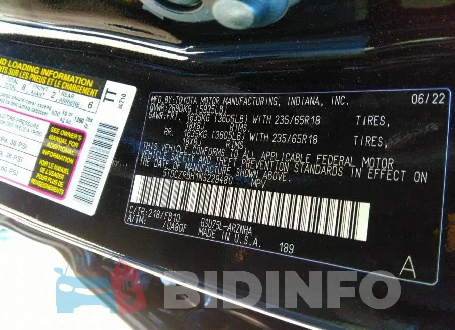 5TDCZRBH1NS229480 Photo# 9