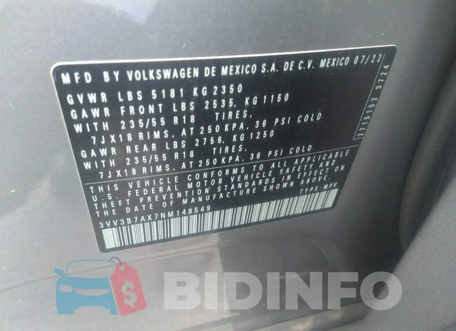 3VV3B7AX7NM148549 Photo# 9