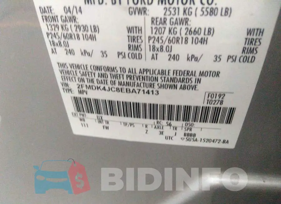 2FMDK4JC8EBA71413 Photo# 9