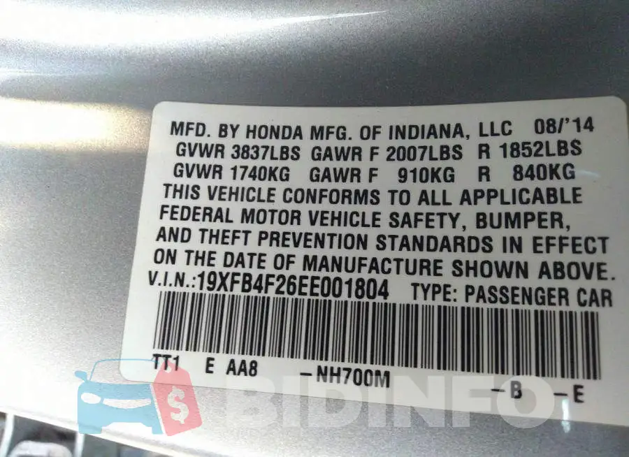 19XFB4F26EE001804 Photo# 9