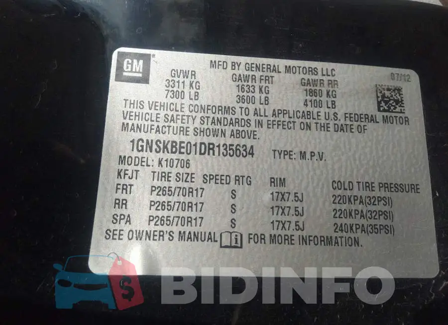 1GNSKBE01DR135634 Photo# 9
