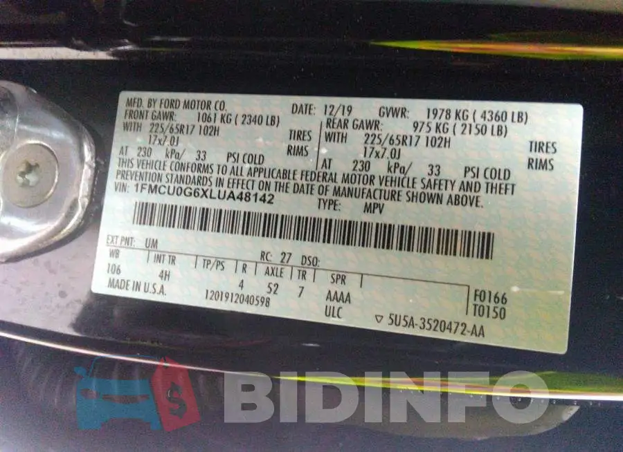 1FMCU0G6XLUA48142 Photo# 9