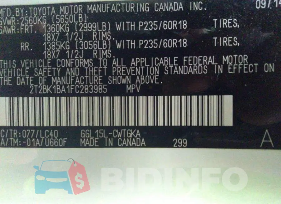 2T2BK1BA1FC283985 Photo# 9