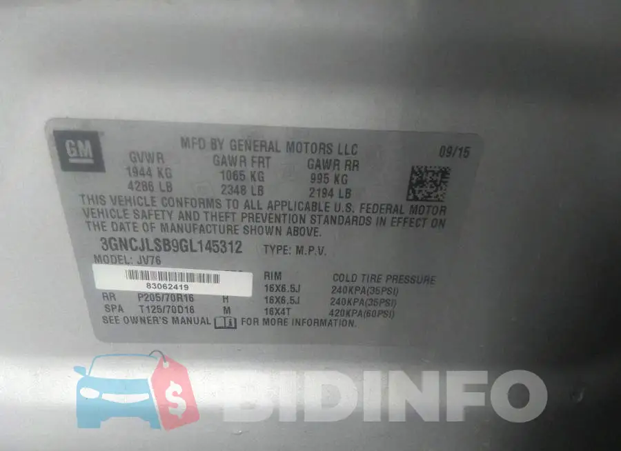 3GNCJLSB9GL145312 Photo# 9