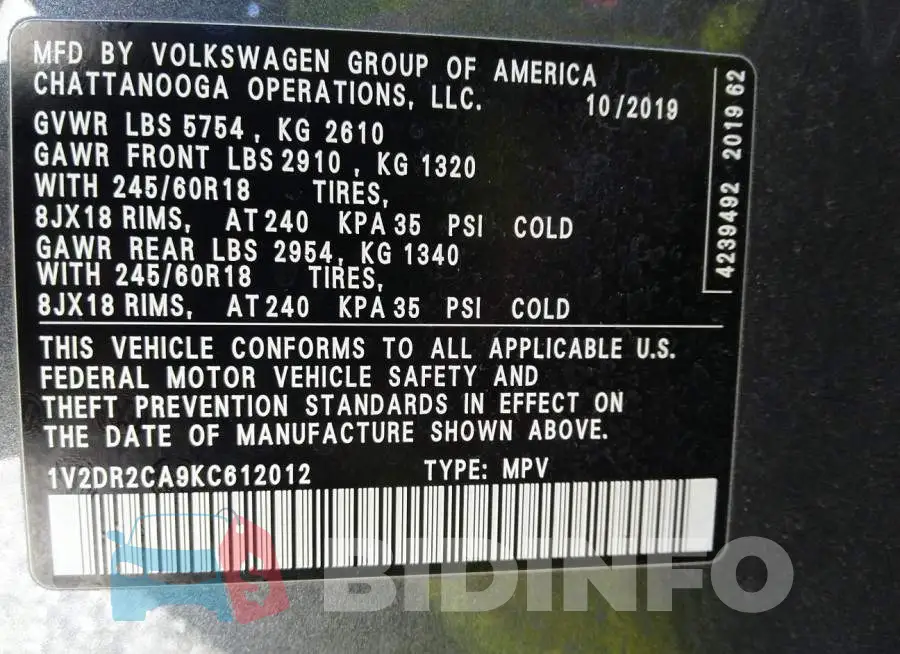 1V2DR2CA9KC612012 Photo# 9