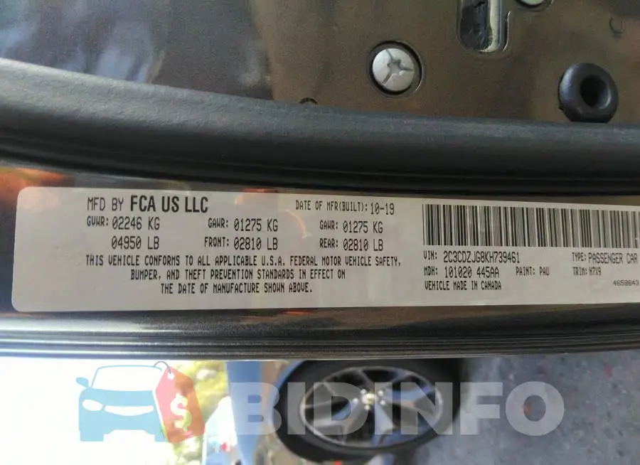 2C3CDZJG8KH739461 Photo# 9