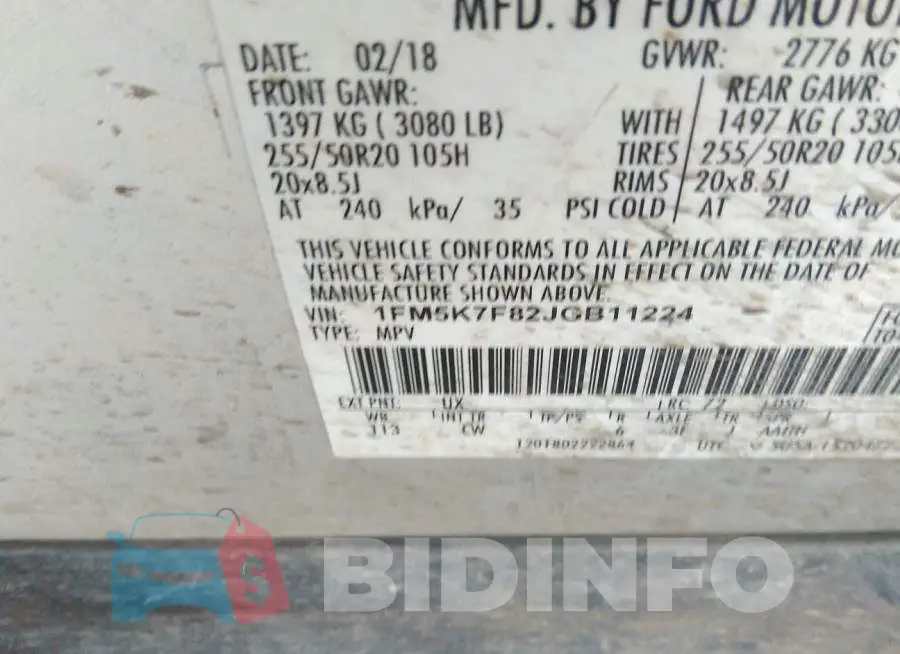 1FM5K7F82JGB11224 Photo# 9