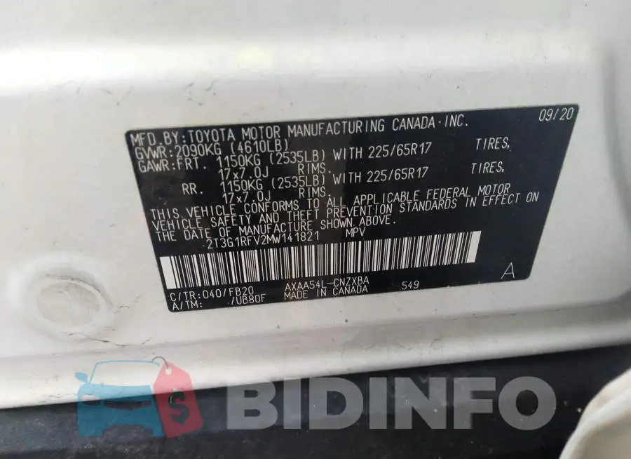 2T3G1RFV2MW141821 Photo# 9