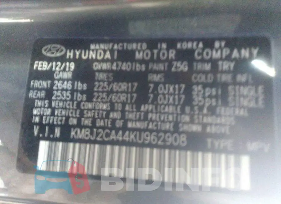 KM8J2CA44KU962908 Photo# 9