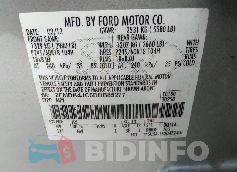 2FMDK4JC6DBB85277 Photo# 9