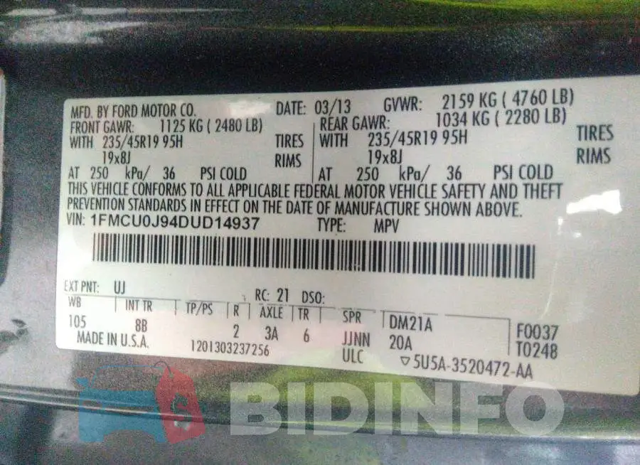 1FMCU0J94DUD14937 Photo# 9