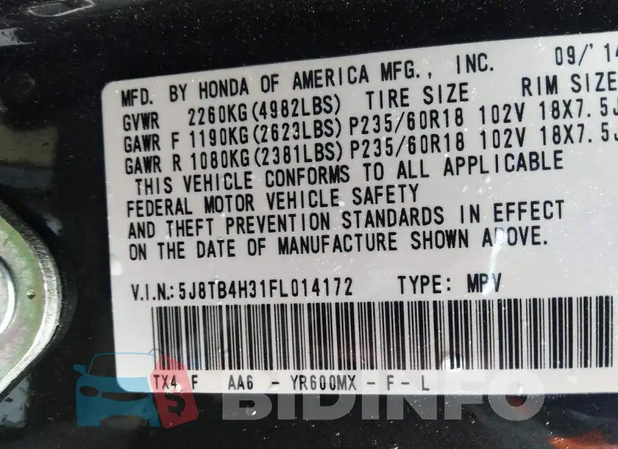 5J8TB4H31FL014172 Photo# 9