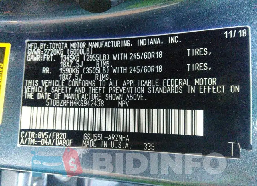 5TDBZRFH4KS942438 Photo# 9