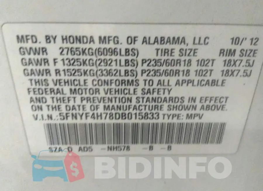 5FNYF4H78DB015833 Photo# 9