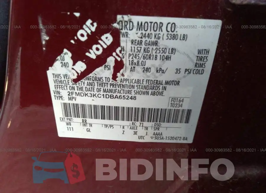 2FMDK3KC1DBA65248 Photo# 9