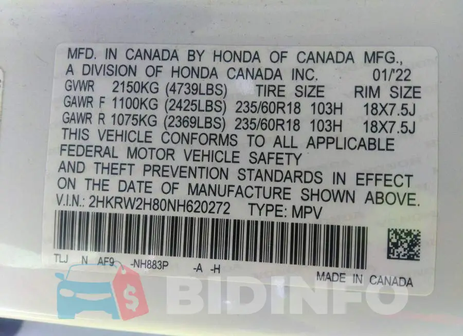 2HKRW2H80NH620272 Photo# 9