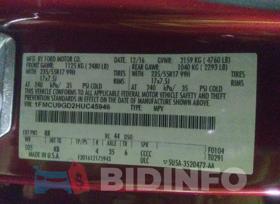 1FMCU9GD2HUC45946 Photo# 9