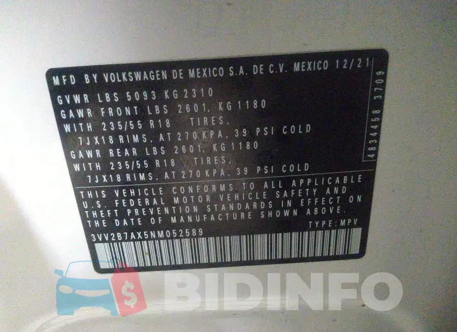3VV2B7AX5NM052589 Photo# 9