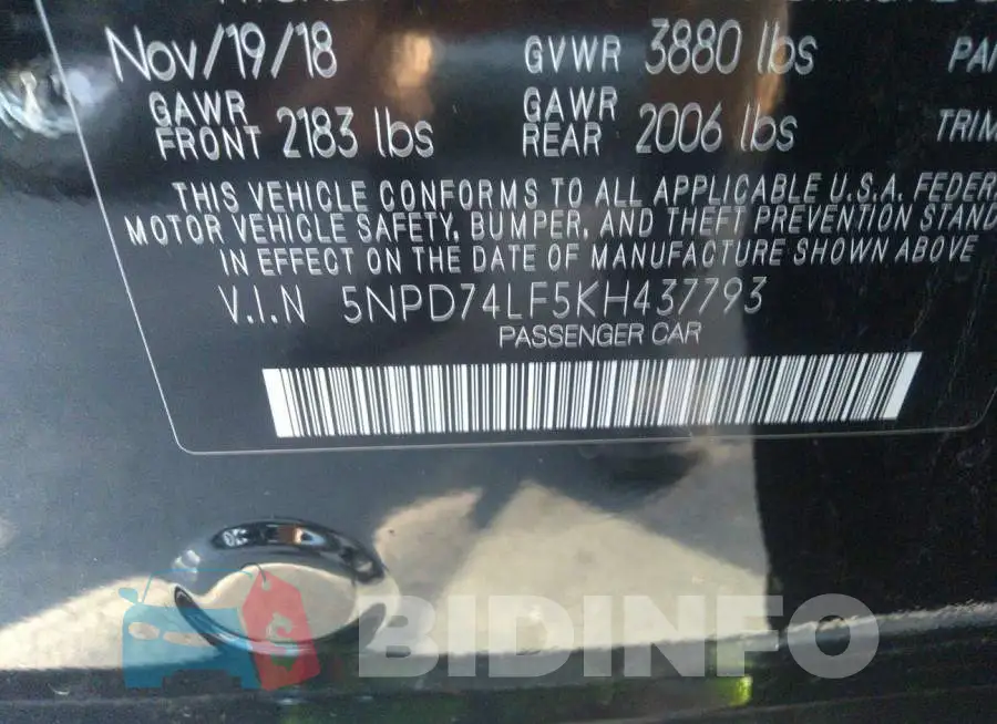 5NPD74LF5KH437793 Photo# 9
