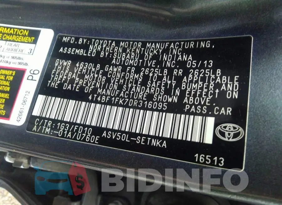 4T4BF1FK7DR316095 Photo# 9
